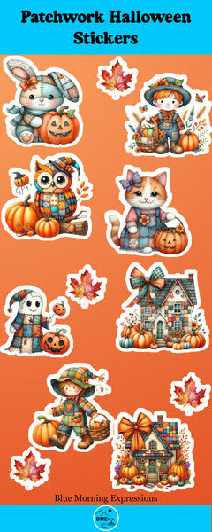 Patchwork Halloween stickers with cats, pumpkins, and a house on an orange background.