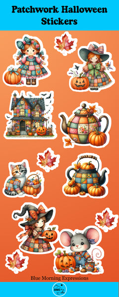 Patchwork Halloween stickers on an orange background with Blue Morning Expressions branding.