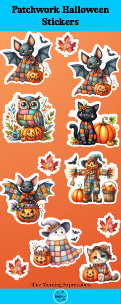 Patchwork Halloween stickers with cats, pumpkins, and leaves on an orange background.