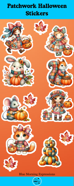 Patchwork Halloween stickers with autumn-themed characters on an orange background