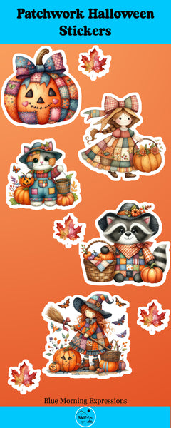 Patchwork Halloween stickers with pumpkins, cats, and raccoons on an orange background.