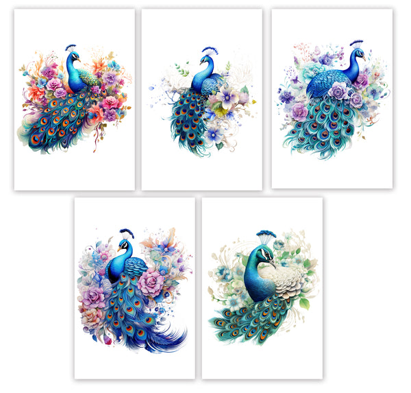 10 Handmade Peacocks – Blank Inside – Folded 4x6 Every Occasion Notecards with White Envelopes