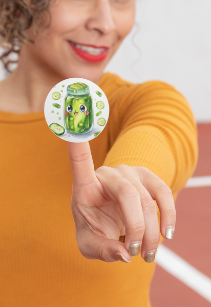 Handmade sticker of a pickle jar on a finger