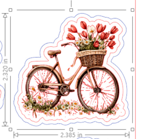 Illustration of a bicycle with a basket full of flowers, surrounded by floral elements, with dimensions displayed.