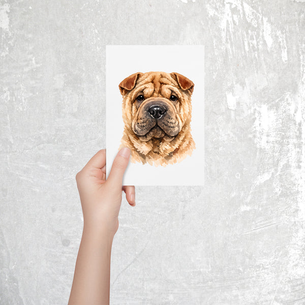 Shar Pei Watercolor Print Dog Notecard | 4x6 Blank Inside | Cute Pet Lover Stationery