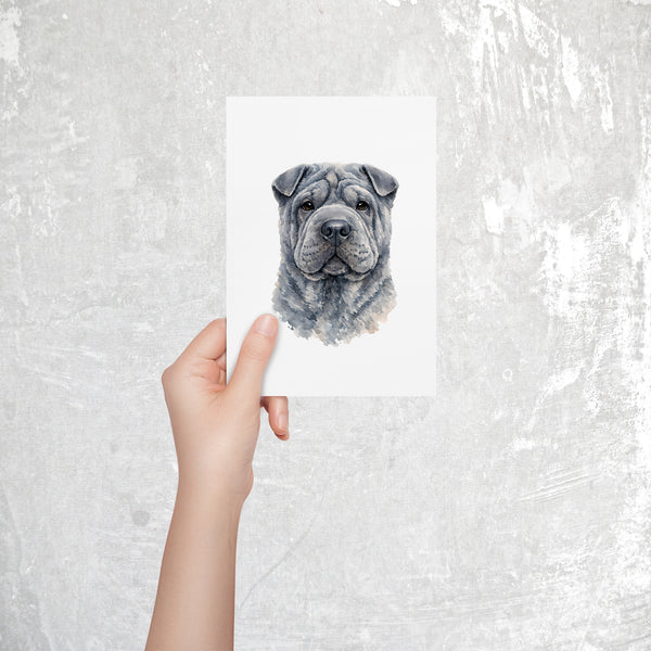 Shar Pei Watercolor Print Dog Notecard | 4x6 Blank Inside | Cute Pet Lover Stationery