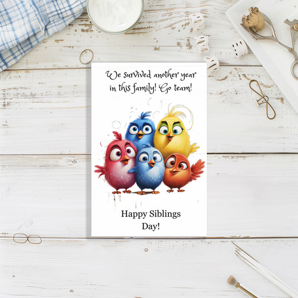 Handmade siblings day greeting card with colorful birds