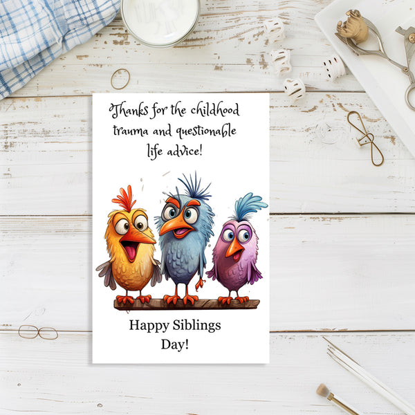 Handmade siblings day greeting card with colorful birds