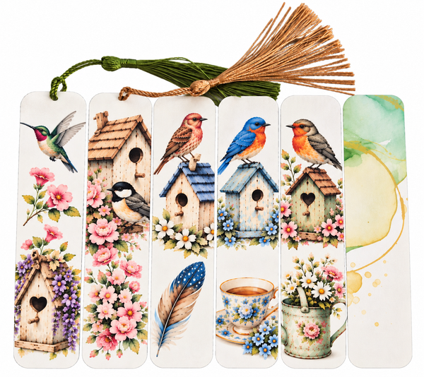 Six decorative bookmarks with a rustic bird and nature theme, featuring illustrations of birds, birdhouses, flowers, a feather, a teacup, and a watercolor-style design, complete with a green hanging cord and a tan raffia tassel.