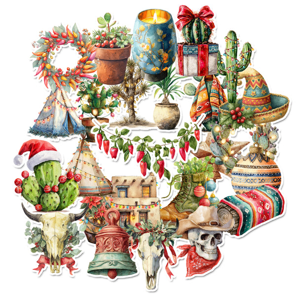 Collection of festive stickers with cacti, candles, and holiday elements on a white background