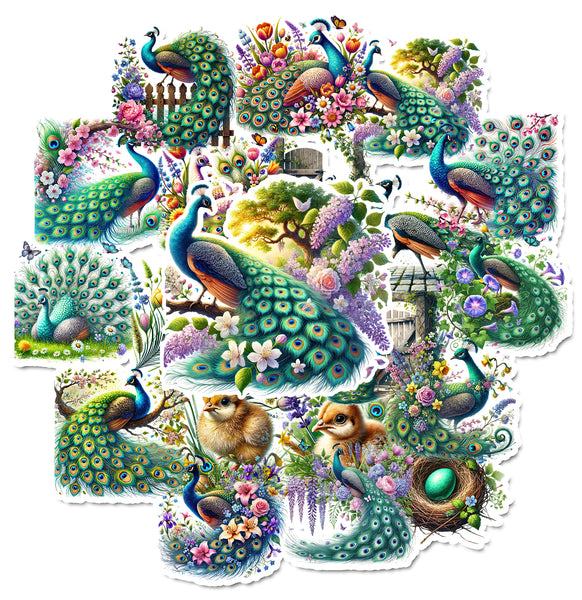 Collage of peacocks and nature elements on a white background