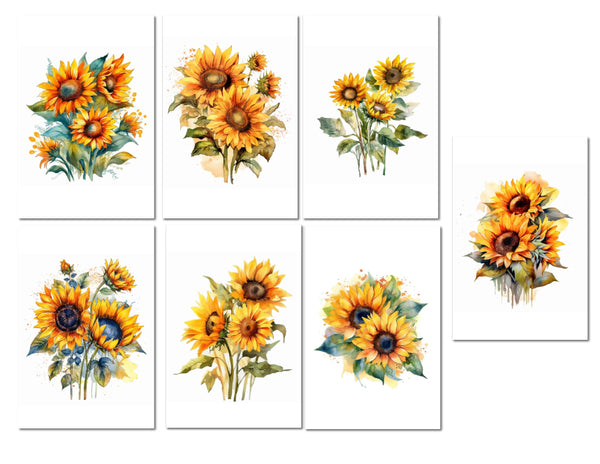 7 Watercolor Sunflowers Notecards All Occasion 4x6 with Envelopes Blank Folded