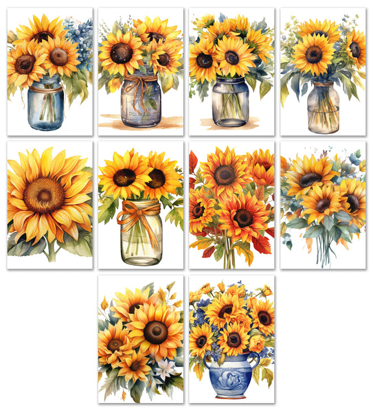10 Handmade Sunflowers – Blank Inside – Folded 4x6 Every Occasion Cards with White Envelopes