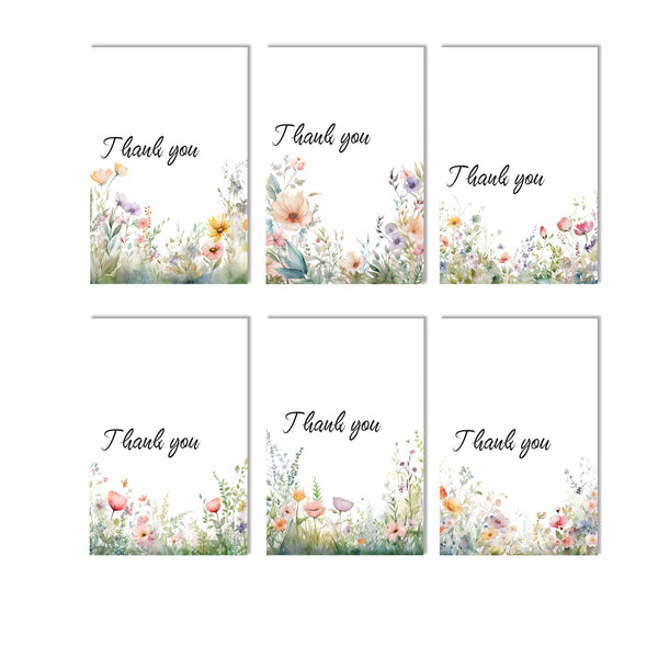 Set of six 'Thank you' cards with floral designs on a white background