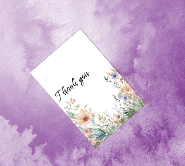 Floral card with 'Thank you' text on a purple watercolor background