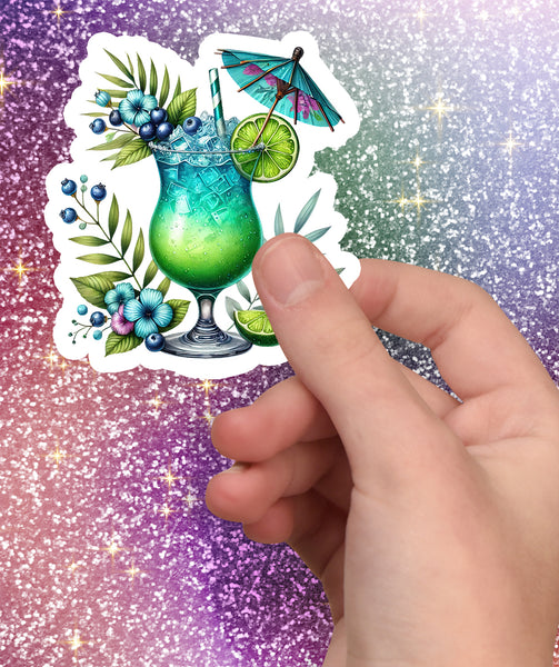 Sticker of a colorful cocktail with berries and an umbrella held by a hand against a glittery background
