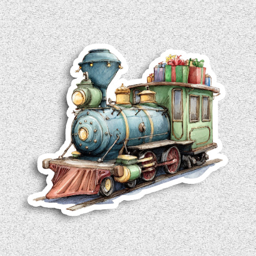 Colorful vintage-style train with gift boxes on a light gray background