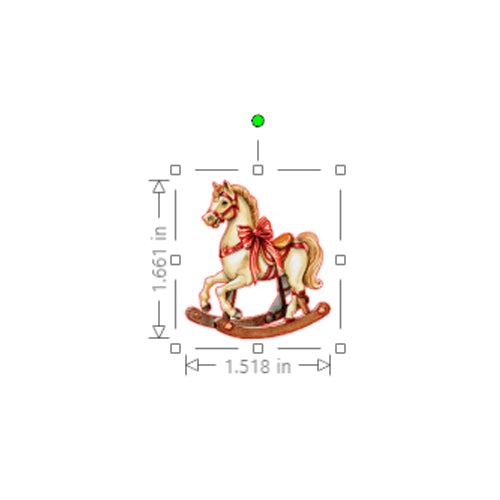 Small rocking horse with a red bow, shown with dimensions on a white background