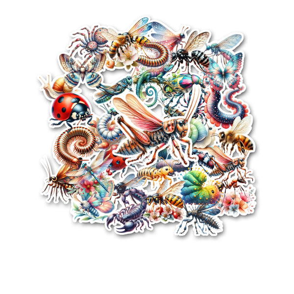 Collection of colorful insect illustrations on a white background