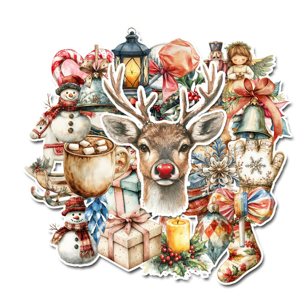 Christmas-themed collage with reindeer, snowmen, lanterns, and presents on a white background