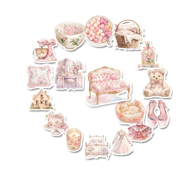 Collection of vintage-style illustrations including a teddy bear, furniture, and decorative items on a white background.