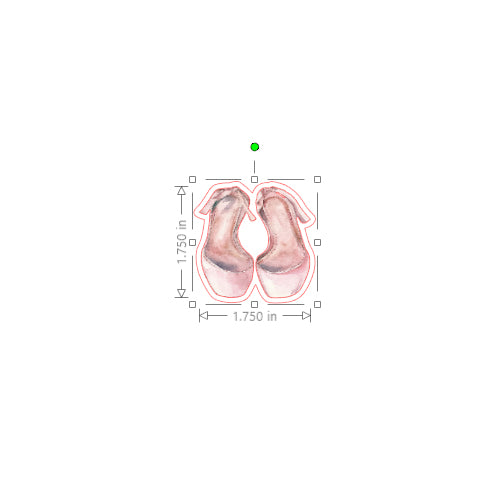 Measurement chart of a pair of pink shoes with dimensions on a white background