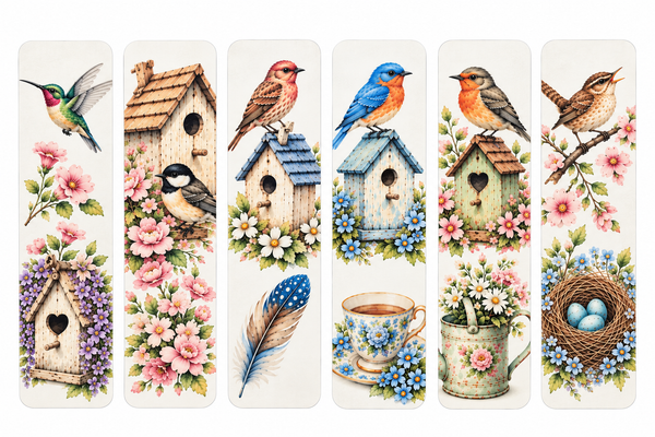 Six vertical decorative panels featuring vintage-style bird illustrations, including birds perched on birdhouses, flowers, a feather, a teacup, and a bird's nest, arranged side by side on a white background.