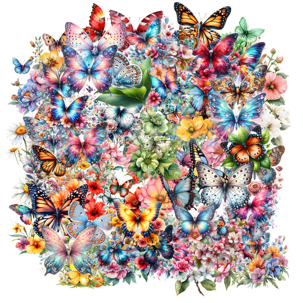 Colorful butterflies and flowers arranged in a circular pattern on a white background