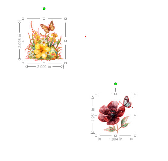 Two floral designs with butterflies, one yellow and orange, the other red and pink, on a white background.