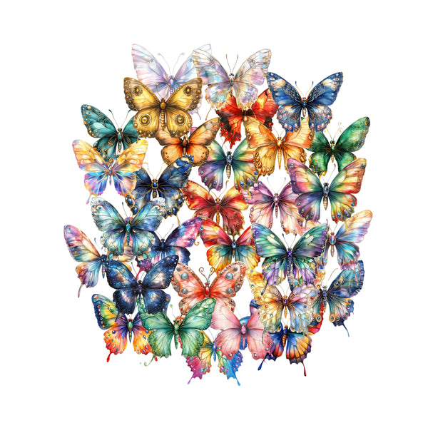 Colorful butterflies arranged in a circular pattern on a white background