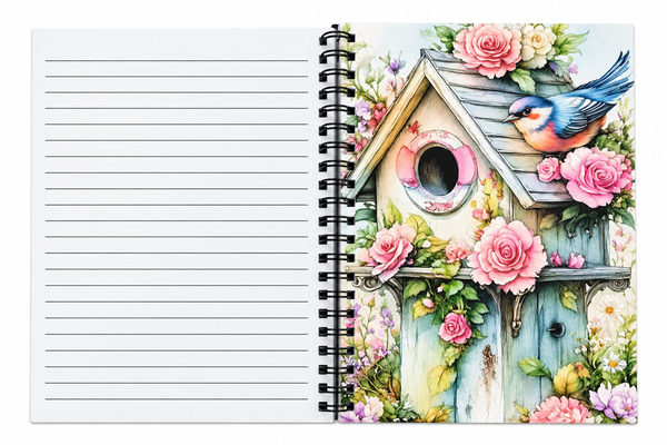 An open spiral-bound notebook with lined white pages on the left and a decorative cover illustration on the right showing a birdhouse, pink roses, flowers, and a blue bird.