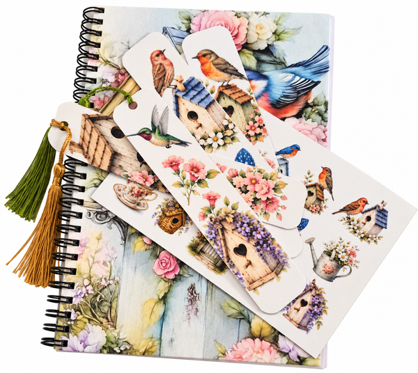 A spiral-bound notebook with a floral and bird-themed cover is shown with two overlapping sticker sheets featuring birds, birdhouses, flowers, and small decorative motifs on a white background.