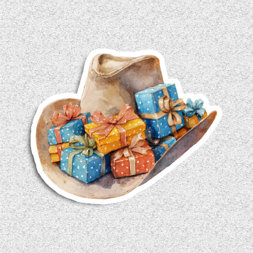 Colorful gift boxes with ribbons on a cowboy hat shape cutout against a light gray background