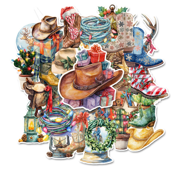Collection of festive stickers featuring cowboy hats, boots, and Christmas-themed elements on a white background.
