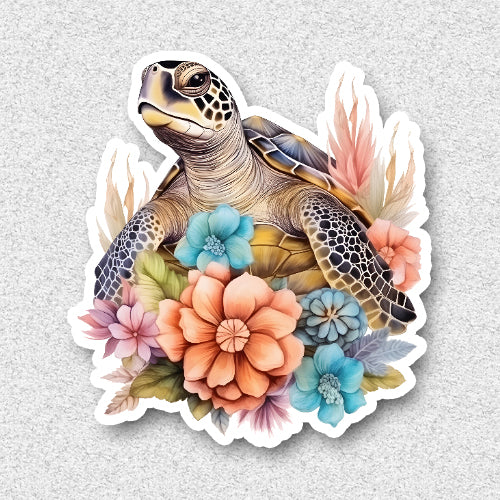 Sticker of a turtle surrounded by colorful flowers on a textured gray background