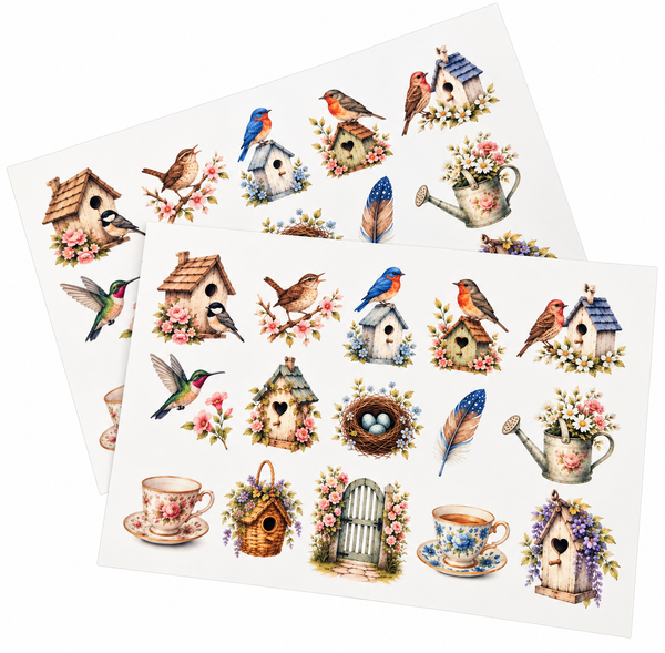 Two sheets of decorative bird-themed stickers featuring small birdhouses, birds, flowers, feathers, teacups, a gate, and nests on a white background.