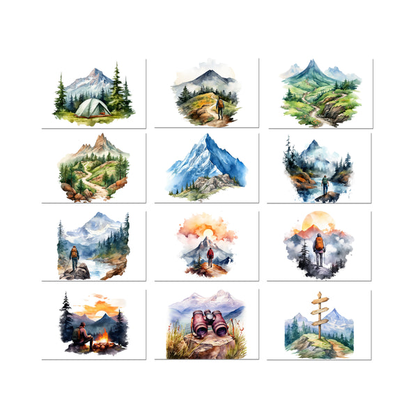 Set of scenic stickers with mountains, nature landscapes, and outdoor activities on a white background.