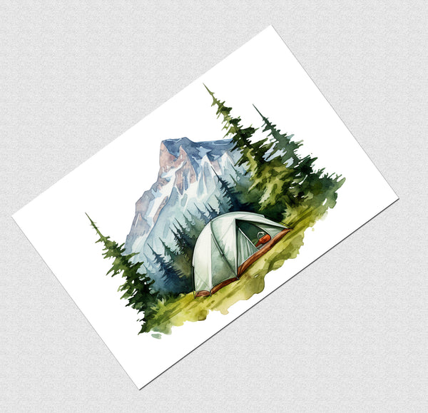 Watercolor painting of a tent in a mountainous forest on a white background