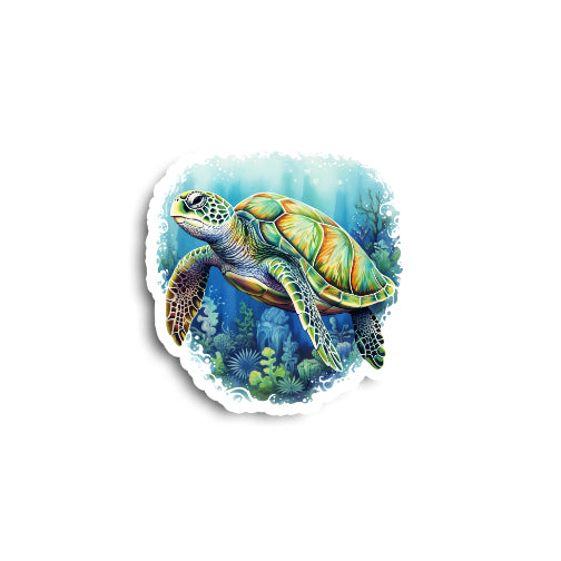 Colorful illustration of a turtle in an underwater scene on a white background