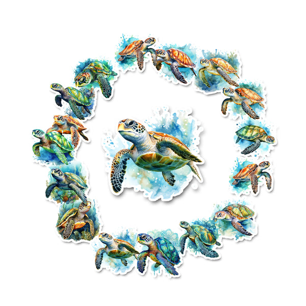 Sticker design with sea turtles arranged in a circular pattern on a white background