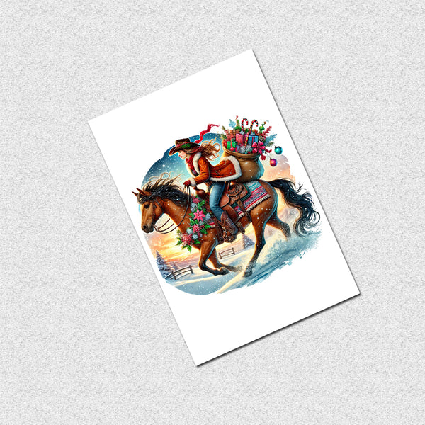 Illustration of a horse with a rider carrying Christmas gifts on a white background