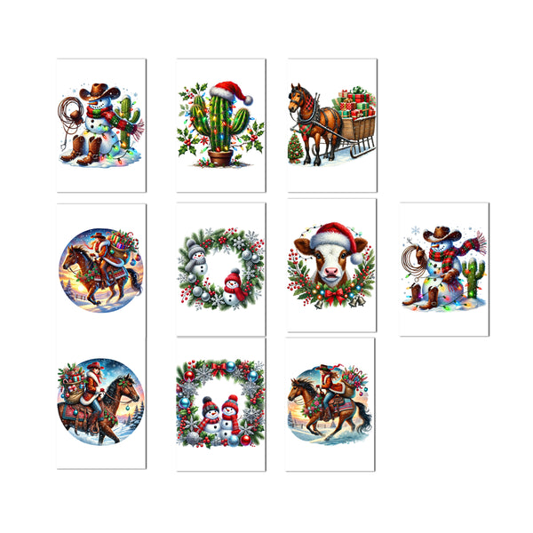 Set of Christmas-themed cards with various illustrations on a white background