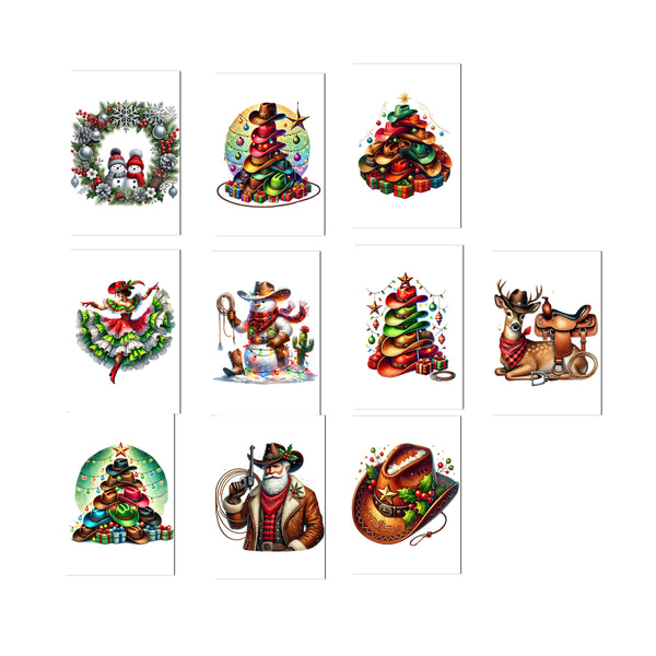 Set of Christmas-themed Western Cowboys with various designs on a white background