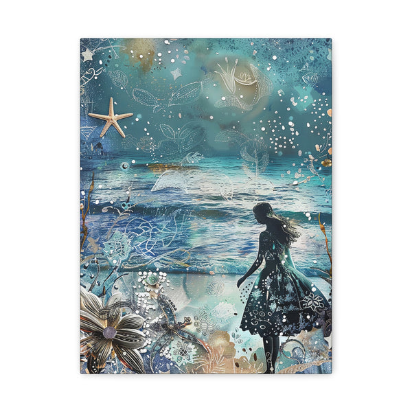 Whimsical Nautical Canvas Art - Woman Beach Ocean Stars Mixed Media Print
