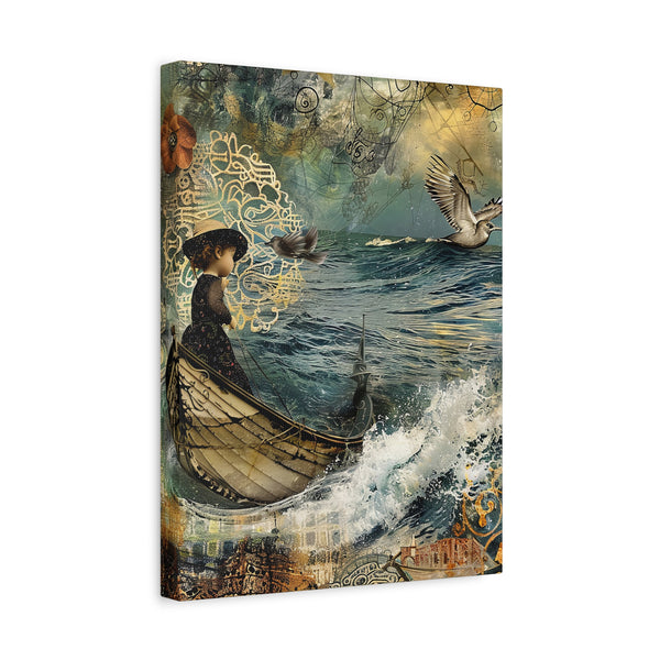 
Whimsical Nautical Canvas Art - Doll on Boat Seagull Waves Mixed Media Print