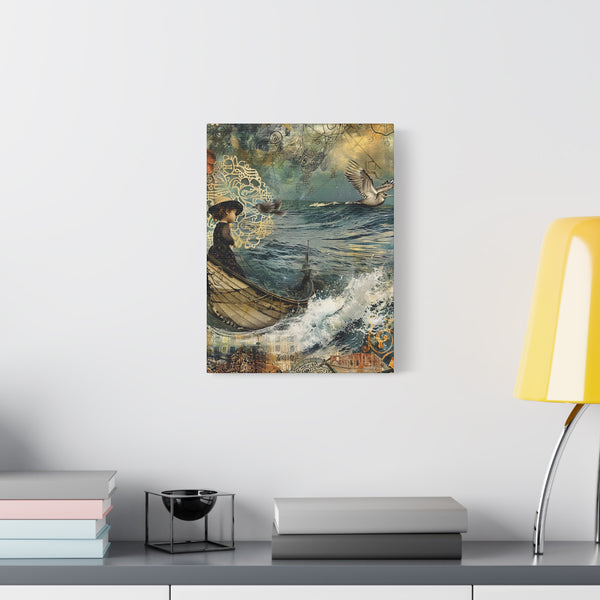 Whimsical Nautical Canvas Art - Doll on Boat Seagull Waves Mixed Media Print