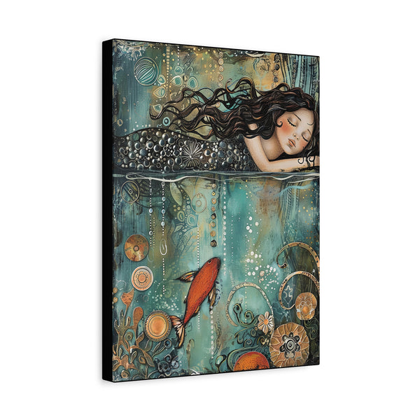 Whimsical Nautical Canvas Art - Mermaid Sleeping on the Ocean Mixed Media Print
