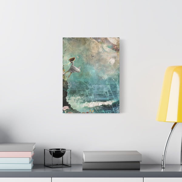Whimsical Nautical Canvas Art - Woman on Cliff over Ocean  Decor Mixed Media Print