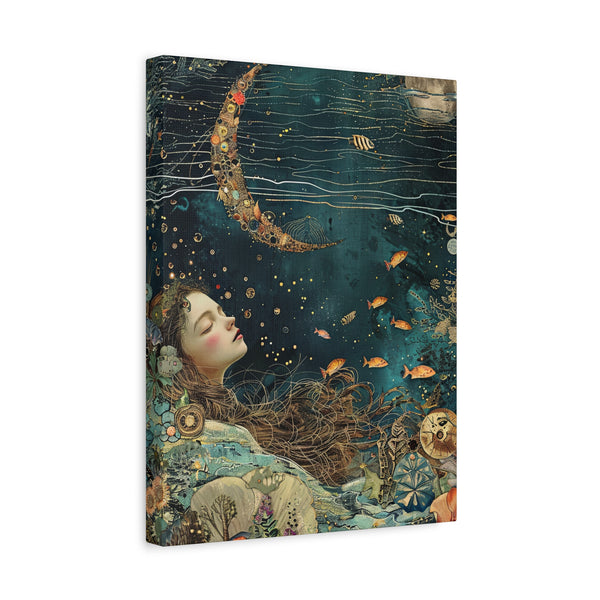 Whimsical Nautical Canvas Art - Woman Sleeping in the Ocean Mixed Media Print