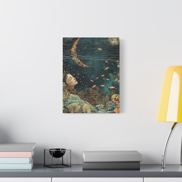 Whimsical Nautical Canvas Art - Woman Sleeping in the Ocean Mixed Media Print